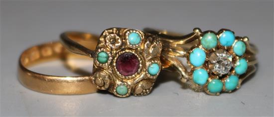 Two Victorian gold gem set rings and a 22ct gold wedding band.